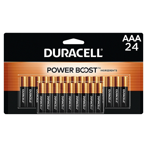 DURACELL 1.5 V AAA Alkaline Batteries, 24 count
Duracell Coppertop AAA batteries with POWER BOOST Ingredients deliver dependable power to your everyday devices throughout the home, like toys, remote controls, flashlights, calculators, clocks and radios, wireless mice, keyboards, and more. With a guarantee of 12 years in storage, you can rest assured they'll be ready when you need them. Duracell guarantees these batteries against defects in material and workmanship. From storm season to holiday needs, Duracell is the #1 trusted battery brand for the moments that matter most.

FORMULATED WITH POWER BOOST INGREDIENTS: Duracell Coppertop AAA alkaline batteries contain Duracell’s patented POWER BOOST Ingredients which deliver lasting performance in your devices
GUARANTEED FOR 12 YEARS IN STORAGE: Duracell guarantees each Coppertop AAA alkaline battery to last 12 years in storage, so you can be confident these batteries will be ready when you need them
DEPENDABLE POWER: Duracell Coppertop AAA batteries are made to power everyday devices throughout the home, like TV and gaming remotes, cameras, flashlights, toys, and more
#1 TRUSTED BATTERY BRAND: From storm prep to holiday needs, Duracell is the #1 trusted battery brand for the moments that matter most
QUALITY ASSURANCE: With Duracell batteries, quality is assured; every Duracell product is guaranteed against defects in material and workmanship