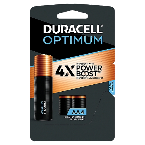 DURACELL Optimum 1.5V AA Alkaline Batteries, 4 count
Duracell Optimum AA batteries, our #1 best performing alkaline batteries, are now formulated with 4X the patented POWER BOOST Ingredients vs Coppertop AA. Compatible with any AA battery-operated device, these AA batteries are packaged in a slider pack with resealable storage tray for a more organized way to store your batteries. Duracell guarantees these batteries against defects in material and workmanship. From storm prep to holiday needs, Duracell is the #1 trusted battery brand for the moments that matter most.

FORMULATED WITH 4X POWER BOOST INGREDIENTS: Duracell Optimum AA batteries contain 4X of Duracell patented POWER BOOST Ingredients vs Coppertop AA
OUR #1 BEST PERFORMING BATTERY: Duracell's Optimum AA battery is our best performing AA alkaline battery
RESEALABLE PACKAGE: Duracell Optimum batteries come in a resealable package for quick, easy access and storage
#1 TRUSTED BATTERY BRAND: From storm prep to holiday needs, Duracell is the #1 trusted battery brand for the moments that matter most
QUALITY ASSURANCE: With Duracell batteries, quality is assured; every Duracell product is guaranteed against defects in material and workmanship
