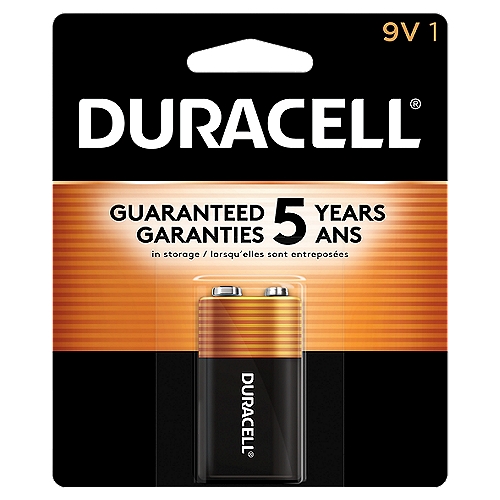 Duracell Coppertop 9V Alkaline Batteries, 1/Pack
Duracell Coppertop all-purpose alkaline batteries are not only dependable, they’re also long-lasting. You can take comfort in a 10-year guarantee (5-year guarantee for 9V) in storage. They’re great for many of the devices you use on a daily basis. And from storm season to medical needs to the holidays, Duracell is the #1 trusted battery brand so you know it’s a battery you can trust. • Duracell 9V Batteries: The Duracell Coppertop 9V alkaline battery is designed for use in household items like remotes, toys, and more. • Duracell guarantees these batteries against defects in material and workmanship. Should any device be damaged due to a battery defect, we will repair or replace it at our option. • Long Lasting Power: Duracell alkaline batteries are designed and developed for long lasting performance. • Guaranteed for 5 years in Storage: Duracell 9V alkaline batteries provide durable value because they are guaranteed for 10 years in storage. • #1 Trusted Battery Brand: Duracell Coppertop are available in Double A (AA), Triple A (AAA), C, D and 9V sizes.