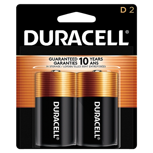 Duracell Coppertop all-purpose alkaline batteries are not only dependable, they're also long-lasting. You can take comfort in a 10-year guarantee (5-year guarantee for 9V) in storage. They're great for many of the devices you use on a daily basis. And from storm season to medical needs to the holidays, Duracell is the #1 trusted battery brand so you know it's a battery you can trust. Duracell D Batteries: The Duracell Coppertop D alkaline battery is designed for use in household items like remotes, toys, and more. Duracell guarantees these batteries against defects in material and workmanship. Should any device be damaged due to a battery defect, we will repair or replace it at our option. Long Lasting Power: Duracell alkaline batteries are designed and developed for long lasting performance. Guaranteed for 10 years in Storage: Duracell D alkaline batteries provide durable value because they are guaranteed for 10 years in storage. #1 Trusted Battery Brand: Duracell Coppertop are available in Double A (AA), Triple A (AAA), C, D and 9V sizes.
