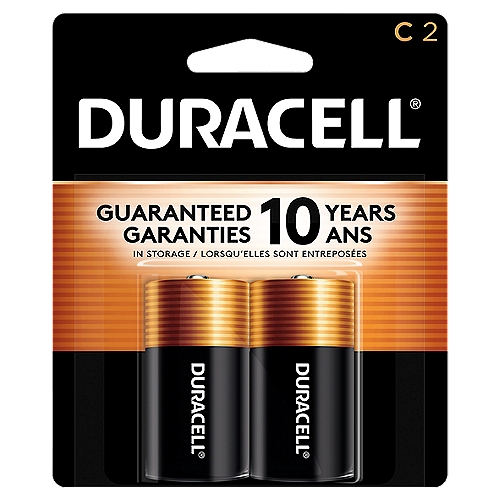 Duracell Coppertop all-purpose alkaline batteries are not only dependable, they’re also long-lasting. You can take comfort in a 10-year guarantee (5-year guarantee for 9V) in storage. They’re great for many of the devices you use on a daily basis. And from storm season to medical needs to the holidays, Duracell is the #1 trusted battery brand so you know it’s a battery you can trust. • Duracell C Batteries: The Duracell Coppertop C alkaline battery is designed for use in household items like remotes, toys, and more. • Duracell guarantees these batteries against defects in material and workmanship. Should any device be damaged due to a battery defect, we will repair or replace it at our option. • Long Lasting Power: Duracell alkaline batteries are designed and developed for long lasting performance. • Guaranteed for 10 years in Storage: Duracell C alkaline batteries provide durable value because they are guaranteed for 10 years in storage. • #1 Trusted Battery Brand: Duracell Coppertop are available in Double A (AA), Triple A (AAA), C, D and 9V sizes.