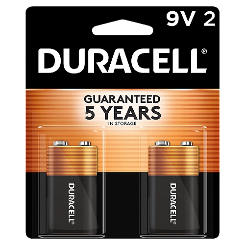 Duracell 9V Alkaline Batteries, 2 count
Duracell Coppertop all-purpose alkaline batteries are not only dependable, also long-lasting. You can take comfort in a 10-year guarantee (5-year guarantee for 9V) in storage. Great for many of the devices you use on a daily basis. And from storm season to medical needs to the holidays, Duracell is the #1 trusted battery brand so you know a battery you can trust. Duracell 9V Batteries: The Duracell Coppertop 9V alkaline battery is designed for use in household items like remotes, toys, and more. Duracell guarantees these batteries against defects in material and workmanship. Should any device be damaged due to a battery defect, we will repair or replace it at our option. Long Lasting Power: Duracell alkaline batteries are designed and developed for long lasting performance. Guaranteed for 5 years in Storage: Duracell 9V alkaline batteries provide durable value because they are guaranteed for 10 years in storage. #1 Trusted Battery Brand: Duracell Coppertop are available in Double A (AA), Triple A (AAA), C, D and 9V sizes.