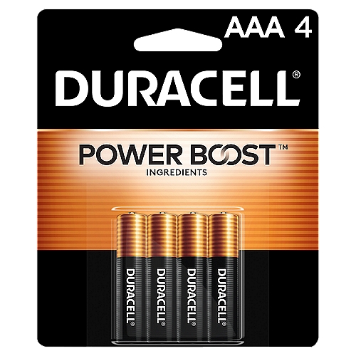 DURACELL Power Boost AAA Alkaline Batteries, 4 count
Duracell Coppertop AAA batteries with POWER BOOST Ingredients deliver dependable power to your everyday devices throughout the home, like toys, remote controls, flashlights, calculators, clocks and radios, wireless mice, keyboards, and more. With a guarantee of 12 years in storage, you can rest assured they'll be ready when you need them. Duracell guarantees these batteries against defects in material and workmanship. From storm season to holiday needs, Duracell is the #1 trusted battery brand for the moments that matter most.  

FORMULATED WITH POWER BOOST INGREDIENTS: Duracell Coppertop AAA alkaline batteries contain Duracell’s patented POWER BOOST Ingredients which deliver lasting performance in your devices  
GUARANTEED FOR 12 YEARS IN STORAGE: Duracell guarantees each Coppertop AAA alkaline battery to last 12 years in storage, so you can be confident these batteries will be ready when you need them  
DEPENDABLE POWER: Duracell Coppertop AAA batteries are made to power everyday devices throughout the home, like TV and gaming remotes, cameras, flashlights, toys, and more  
#1 TRUSTED BATTERY BRAND: From storm prep to holiday needs, Duracell is the #1 trusted battery brand for the moments that matter most  
QUALITY ASSURANCE: With Duracell batteries, quality is assured; every Duracell product is guaranteed against defects in material and workmanship 