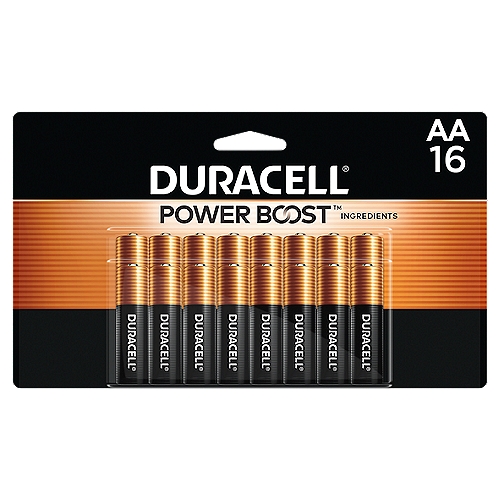 DURACELL Power Boost 1.5V AA Alkaline Batteries, 16 count
Duracell Coppertop batteries with POWER BOOST Ingredients deliver dependable power to your everyday devices throughout the home, like toys, remote controls, flashlights, calculators, clocks and radios, wireless mice, keyboards, and more. With a guarantee of 12 years in storage, you can rest assured they'll be ready when you need them. Duracell guarantees these batteries against defects in material and workmanship. From storm season to holiday needs, Duracell is the #1 trusted battery brand for the moments that matter most.

FORMULATED WITH POWER BOOST INGREDIENTS: Duracell Coppertop AA alkaline batteries contain Duracell’s patented POWER BOOST Ingredients which deliver lasting performance in your devices
GUARANTEED FOR 12 YEARS IN STORAGE: Duracell guarantees each Coppertop AA alkaline battery to last 12 years in storage, so you can be confident these batteries will be ready when you need them
DEPENDABLE POWER: Duracell Coppertop AA batteries are made to power everyday devices throughout the home, like TV and gaming remotes, cameras, flashlights, toys, and more
#1 TRUSTED BATTERY BRAND: From storm prep to holiday needs, Duracell is the #1 trusted battery brand for the moments that matter most 
QUALITY ASSURANCE: With Duracell batteries, quality is assured; every Duracell product is guaranteed against defects in material and workmanship 