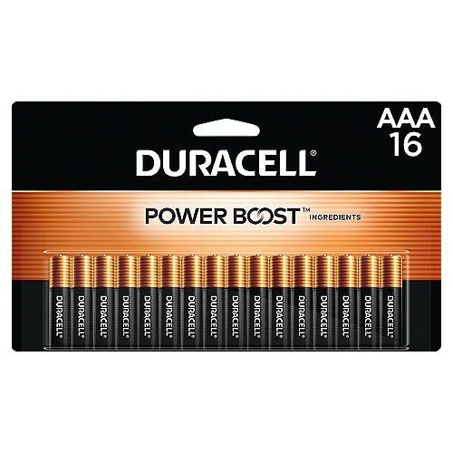 DURACELL 1.5 V AAA Alkaline Batteries, 16 count
Duracell Coppertop AAA batteries with POWER BOOST Ingredients deliver dependable power to your everyday devices throughout the home, like toys, remote controls, flashlights, calculators, clocks and radios, wireless mice, keyboards, and more. With a guarantee of 12 years in storage, you can rest assured they'll be ready when you need them. Duracell guarantees these batteries against defects in material and workmanship. From storm season to holiday needs, Duracell is the #1 trusted battery brand for the moments that matter most.

FORMULATED WITH POWER BOOST INGREDIENTS: Duracell Coppertop AAA alkaline batteries contain Duracell patented POWER BOOST Ingredients which deliver lasting performance in your devices
GUARANTEED FOR 12 YEARS IN STORAGE: Duracell guarantees each Coppertop AAA alkaline battery to last 12 years in storage, so you can be confident these batteries will be ready when you need them
DEPENDABLE POWER: Duracell Coppertop AAA batteries are made to power everyday devices throughout the home, like TV and gaming remotes, cameras, flashlights, toys, and more
#1 TRUSTED BATTERY BRAND: From storm prep to holiday needs, Duracell is the #1 trusted battery brand for the moments that matter most
QUALITY ASSURANCE: With Duracell batteries, quality is assured; every Duracell product is guaranteed against defects in material and workmanship
