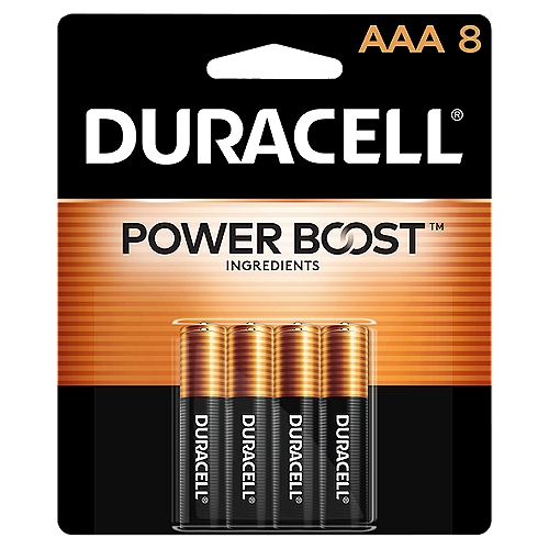 DURACELL Power Boost 1.5 V AAA Alkaline Batteries, 8 count
Duracell Coppertop AAA batteries with POWER BOOST Ingredients deliver dependable power to your everyday devices throughout the home, like toys, remote controls, flashlights, calculators, clocks and radios, wireless mice, keyboards, and more. With a guarantee of 12 years in storage, you can rest assured they'll be ready when you need them. Duracell guarantees these batteries against defects in material and workmanship. From storm season to holiday needs, Duracell is the #1 trusted battery brand for the moments that matter most.

FORMULATED WITH POWER BOOST INGREDIENTS: Duracell Coppertop AAA alkaline batteries contain Duracell patented POWER BOOST Ingredients which deliver lasting performance in your devices

GUARANTEED FOR 12 YEARS IN STORAGE: Duracell guarantees each Coppertop AAA alkaline battery to last 12 years in storage, so you can be confident these batteries will be ready when you need them

DEPENDABLE POWER: Duracell Coppertop AAA batteries are made to power everyday devices throughout the home, like TV and gaming remotes, cameras, flashlights, toys, and more

#1 TRUSTED BATTERY BRAND: From storm prep to holiday needs, Duracell is the #1 trusted battery brand for the moments that matter most

QUALITY ASSURANCE: With Duracell batteries, quality is assured; every Duracell product is guaranteed against defects in material and workmanship