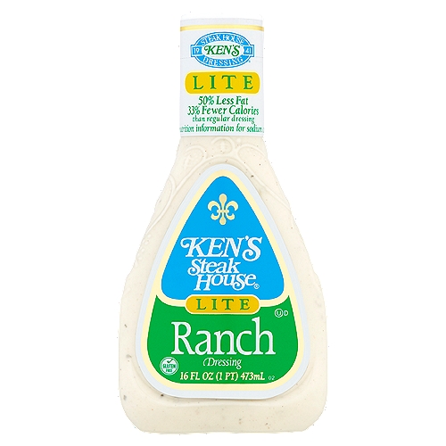 Ken's Steak House Lite Ranch Dressing, 16 fl oz
50% less fat, 33% fewer calories than regular dressing

Made with fresh buttermilk and a flavorful blend of garlic, onions and spice, Ken's Lite Ranch is a real crowd pleaser.