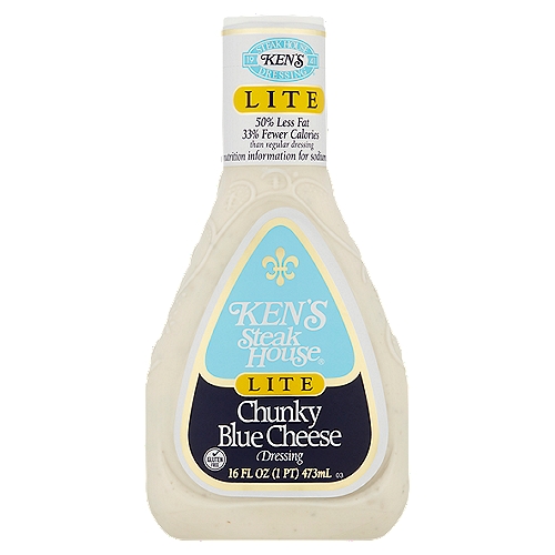 Ken's Steak House Lite Chunky Blue Cheese Dressing, 16 fl oz
A delicious dressing made with mild, creamy aged blue cheese that enhances without overwhelming.

Fat per serving
This product 8g - Regular dressing 16g
Calories per serving
This product 80 - Regular dressing 150