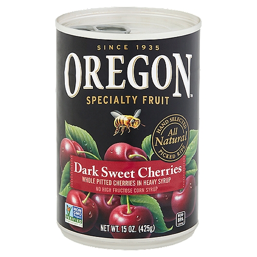 Oregon Specialty Fruit Dark Sweet Cherries, 15 oz
Whole Pitted Cherries in Heavy Syrup

Non-BPA lining*
*This can was produced without BPA lining.

Our Dark Sweet Cherries burst with juicy flavor. With rich sweetness and a touch of vibrant tang, these fleshy, Dark Sweet Cherries are wonderful for pies and cobblers. But don't stop there - try them with roasted meats, sauces or eat them right from the spoon like we do.