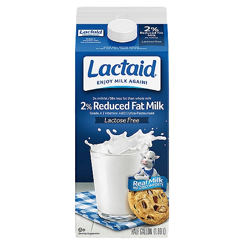 Lactaid 2% Reduced Fat Milk, half gallon
Delicious, Easy to Digest Milk
No matter what type of Lactaid® Milk you buy, you are getting 100% farm-fresh, delicious milk with all the nutrients of milk and none of the lactose.

rBST free*
*To satisfy our consumers, our farmers pledge not to use artificial growth hormones.
Even though the FDA concluded that rBST is safe and that there is no difference between the milk obtained from cows treated with rBST and those that are untreated, we are happy to offer this option in response to your feedback and requests.