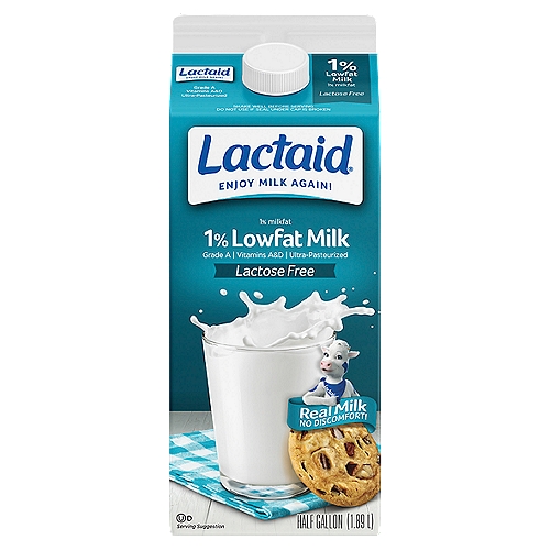 Lactaid 1% Lowfat Milk, half gallon
LACTAID® 1% Lowfat Milk contains essential nutrients like calcium, protein, and Vitamin D, with 70% less fat and 100% lactose free so you can enjoy it with no worries. Lactaid is farm-fresh milk from cows that are never treated with artificial growth hormones, and all our milk is tested for antibiotics. All the goodness of real milk, just without the lactose.
