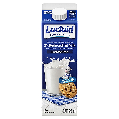 Lactaid 2% Reduced Fat Milk, quart
Delicious, Easy to Digest Milk
No matter what type of Lactaid® Milk you buy, you are getting 100% farm-fresh, delicious milk with all the nutrients of milk and none of the lactose.

Enjoy Ice Cream Again!
Lactaid® Ice Cream is delicious, rich and creamy, because it's made with only the finest ingredients. And best of all, it's made with lactose free milk and cream, so it is naturally easy to digest.
Look for all 8 flavors of Lactaid® Ice Cream in your grocer's freezer.

Real ice cream, no discomfort!

rBST free*
*To satisfy our consumers, our farmers pledge not to use artificial growth hormones.
Even though the FDA concluded that rBST is safe and that there is no difference between the milk obtained from cows treated with rBST and those that are untreated, we are happy to offer this option in response to your feedback and requests.