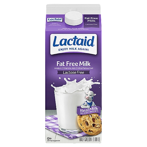 Lactaid Fat Free Milk, half gallon
Delicious, Easy to Digest Milk
No matter what type of Lactaid® Milk you buy, you are getting 100% farm-fresh, delicious milk with all the nutrients of milk and none of the lactose.

rBST free*
*To satisfy our consumers, our farmers pledge not to use artificial growth hormones.
Even though the FDA concluded that rBST is safe and that there is no difference between the milk obtained from cows treated with rBST and those that are untreated, we are happy to offer this option in response to your feedback and requests.