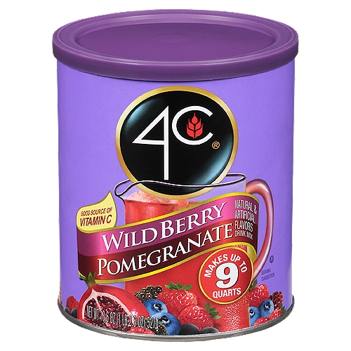 4C Wild Berry Pomegranate Drink Mix, 18.6 oz
sweetened with real sugar and is a great source of Vitamin C. Makes up to 9 quarts and is packed in an easy-open canister with a measuring scoop to make your life easy. kosher