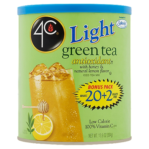 4C Light Green Tea Iced Tea Mix, 13.9 oz
Sweetened with Splenda® brand

Antioxidant† with honey & natural lemon flavor
† Naturally Contains Tea Antioxidants