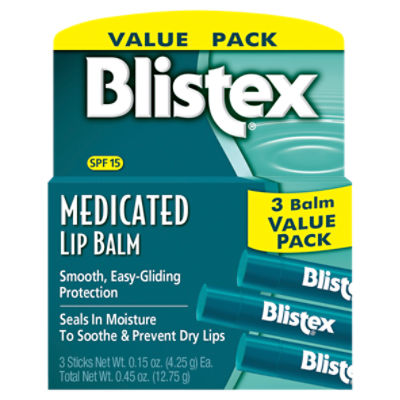 Blistex Medicated Lip Balm Value Pack, SPF 15, 0.15 oz, 3 count, 0.45 Ounce