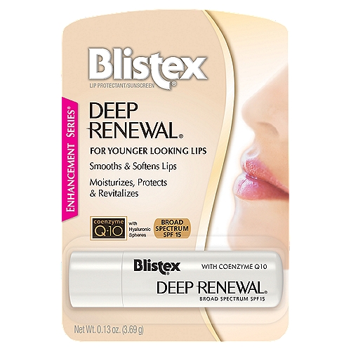 Blistex Deep Renewal Broad Spectrum Lip Protectant/Sunscreen, SPF 15, 0.13 oz
Enhancement Series®

Drug Facts
Active ingredients - Purpose
Avobenzone 3.0% (w/w), homosalate 9.0% (w/w), octisalate 4.4% (w/w) - Sunscreen
Dimethicone 2.0% (w/w) - Lip protectant

Uses
• temporarily protects and helps relieve chapped or cracked lips
• helps prevent sunburn

Deep Renewal is an advanced lip formula that delivers superb moisturization, softens and smooths lips to help them look and feel youthful, and promotes lips' vitality.

Deep Renewal utilizes best-in-class ingredients for beautifully cared-for lips.
• Coenzyme Q-10...a gold standard for moisturization and overall revitalization
• Hyaluronic filling spheres...help give lips a fuller appearance
• Vitamin & anti-oxidant complex...promotes lasting lip health