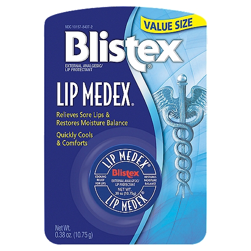 Blistex Lip Medex External Analgesic Lip Protectant Value Size, 0.38 oz
Drug Facts
Active ingredients - Purpose
Camphor 1.0% (w/w), Menthol 1.0% (w/w), Phenol 0.54% (w/w) - External analgesic
Petrolatum 59.14% (w/w) - Lip protectant

Uses
• for the temporary relief of pain and itching associated with minor lip irritation
• temporarily protects and helps relieve chapped or cracked lips
• helps protect lips from the drying effects of wind and cold weather

Blistex Lip Medex has an Ultra-Med™ formula to provide quick cooling lip relief you can feel working.

Lip Medex also helps to restore a healthy moisture balance to lips.

Sore Lips:
Lip Medex's medicated ingredients deliver a noticeable and immediate cooling action to provide fast relief from the hot, itching sensations that accompany sore lips.

Serious Dryness:
Lip Medex provides a special barrier that helps lip cells return to their natural moisture balance.