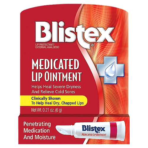 Blistex Medicated Lip Ointment, 0.21 oz
Drug Facts
Active ingredients - Purpose
Camphor 0.5% (w/w), menthol 0.625% (w/w), phenol 0.5% (w/w) - External analgesic
Dimethicone 1.1% (w/w) - Lip protectant

Uses
• for the temporary relief of pain and itching associated with minor lip irritation or cold sores
• temporarily protects and helps relieve chapped or cracked lips

An Advanced Lip Care System® delivers penetration medication in a unique formula to relieve cold sores & severe lip dryness.

Blistex Lip Ointment contains four medication to provide relief from the pain, itching and discomfort of lip sores and blisters.

The moisture and emollient base in Blistex Lip Ointment hydrates and softens lip cells to alleviate cracking and seriously dry lips. Blistex Lip Ointment is so effective, it's been clinically shown to elevate lip moisture, help heal dry, chapped lips, and improve overall lip condition.