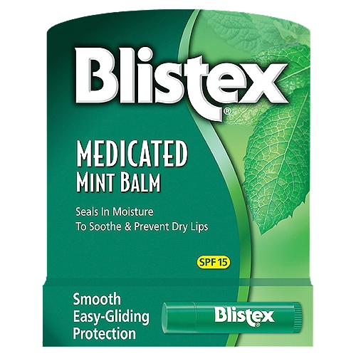 Blistex Medicated Mint Balm, SPF 15
Blistex Mint Lip Balm helps prevent dryness and chapping. Its easy glide formula also soothes irritated lips.

Dry, Chapped Lips:
Blistex lip balm contains three long-lasting protectants, and it seals in moisture to alleviate dryness and prevent reoccurrence. It also glides on comfortably to provide complete coverage and avoid further irritation of chapped lips.

Drug Facts
Active ingredients - Purpose
Dimethicone 2.0% (w/w) - Lip protectant
Octinoxate 6.6% (w/w), octisalate 4.4% (w/w) - Sunscreen

Uses
⦁ temporarily protects and helps relieve chapped or cracked lips
⦁ helps prevent sunburn