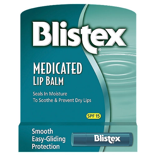 Blistex Medicated Lip Balm, SPF 15
Drug Facts
Active ingredients - Purpose
Dimethicone 2.0% (w/w) - Lip protectant
Octinoxate 6.6% (w/w), octisate 4.4% (w/w) - Sunscreen

Uses
⦁ temporarily protects and helps relieve chapped or cracked lips
⦁ helps prevent sunburn

Blistex Lip Balm helps prevent dryness and chapping. Its easy glide formula also soothes irritated lips.

Dry, Chapped Lips:
Blistex Lip Balm contains three long-lasting protectants, and it seals in moisture to alleviate dryness and prevent reoccurrence. It also glides on comfortably to provide complete coverage and avoid further irritation of chapped lips.