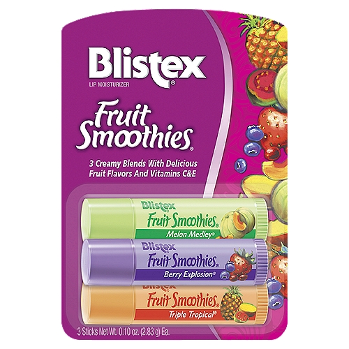 Blistex Fruit Smoothies Lip Moisturizer, 0.10 oz, 3 count
Fruit Smoothies soothe and hydrate lips with great-tasting creamy blends and vitamins... they indulge your lips like no other lip balm.

Vitamin Boost™
The creamy, juicy Fruit Smoothies balms are packed with moisturizers and vitamins C & E for soft, healthy lips.

Flavor Fusion™
Fruit Smoothies explode with fresh-tasting fruit flavors. The three carefully-balanced combinations let you choose which flavor experience you want when you want it.