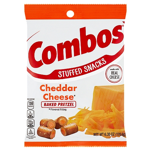 Combos Cheddar Cheese Baked Pretzel Stuffed Snacks, 6.30 oz
Cheddar cheese*
*Flavored filling

How do you stuff so much real cheddar cheese flavor into every oven-baked pretzel?
Very forcefully.