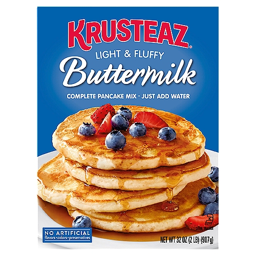 Krusteaz Light & Fluffy Buttermilk Complete Pancake Mix, 32 oz
Krusteaz Buttermilk Pancake Mix is one of our most popular mixes for so many reasons: the fluffy deliciousness, that perfect touch of creamy buttermilk and our easy-to-make, just-add-water mix. These mouthwatering pancakes are great on their own or customized with your favorite toppings and mix-ins. Try Krusteaz with fresh berries and nuts. Substitute coffee for water, add nutmeg and whipped cream, and voila...Spiced Cappuccino Krusteaz Pancakes for Sunday brunch! The possibilities are endless when you open a box of Krusteaz. This order includes one, 32-ounce box.