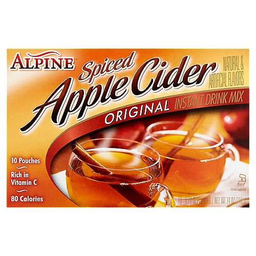 Alpine Original Spiced Apple Cider Instant Drink Mix, 10 count, 0.74 oz
With Alpine Spiced Cider Apple Flavor Drink Mix, anytime is cider time. Alpine is a delicious, versatile cider mix that is the perfect addition to countless beverages—and dishes. Add a spoonful of caramel sauce and whipped cream for a Warm Caramel Apple Drink. Whip up a Peach Cider Smoothie with vanilla frozen yogurt, chopped peaches and a banana. Or make a tasty Apple Rum Cake by adding a pouch of Alpine, a dash of rum and a handful of pecans to your favorite yellow cake mix. Alpine Cider Mixes can be enjoyed any season, and for virtually any occasion. This order includes a single box of cider pouches.