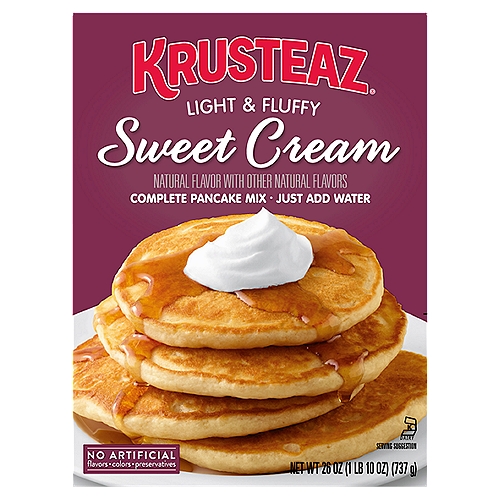If you love sweet things like candy, puppies, and grandmothers, then you're going to love Krusteaz Sweet Cream Pancakes. This unique Krusteaz mix is great for sweetening up any family breakfast. And they're easy to make. Simply heat your lightly-greased griddle to 375°F, pour a little less than 1/4 cup of batter per pancake onto the griddle, and cook! In minutes, you'll have a meal people can't help but crave. This order includes a single, 26-ounce box.