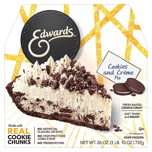 Edwards Cookies and Créme Pie, 26 oz
Edwards® Desserts
From our decadent, velvety layers to our fresh-from-the-oven cookie crumb crusts, Edwards Desserts are meticulously whipped, toasted, sprinkled and drizzled to extravagant perfection. We even prepare, bake and crush our own cookies, because a dessert is only as good as its crust.
Each delicious flavor is always the talk of the table, and as easy as one-two-thaw.