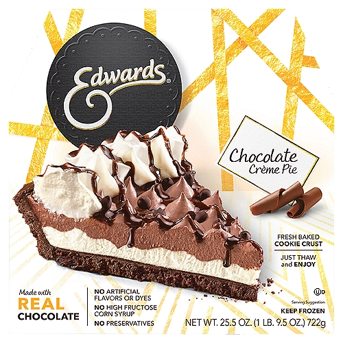 Edwards Chocolate Crème Pie, 25.5 oz
Edwards® Desserts
From our decadent, velvety layers to our fresh-from-the-oven cookie crumb crusts, Edwards® Desserts are meticulously whipped, toasted, sprinkled and drizzled to extravagant perfection. We even prepare, bake and crush our own cookies, because a dessert is only as good as its crust.
Each delicious flavor is always the talk of the table, and as easy as one-two-thaw.