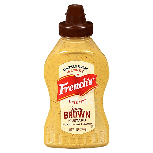 French's Spicy Brown Mustard, 12 oz
Tailgates. Backyard barbecues. Everyday meals. With its bold, unmistakably big flavor, French's® Spicy Brown Mustard deserves a place at every table. Made with only quality, recognizable ingredients, this 100% natural mustard makes hot dogs, sandwiches, and burgers come alive with its peppery taste. Squeeze it on thick and make the ordinary… incredible! There's no better time than today to get Spicy Brown Mustard out of the fridge to its rightful place at the table. It's held to the same high standards French's has stood for over the last 100 years—authentic flavors that make food taste great. You won't find any artificial flavors or colors from artificial sources. Because hey—that's what you and your family deserve.