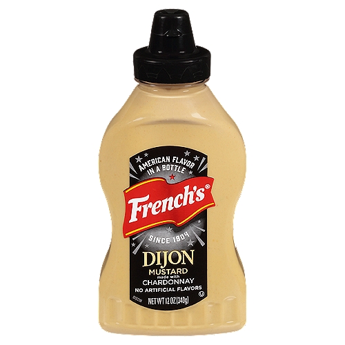 French's Dijon Mustard Made with Chardonnay, 12 oz
Experience the incredible character of real Chardonnay that makes French's® Dijon Mustard so delicious. This go-to gourmet mustard adds a touch of class and creativity to your cooking and makes the average sandwich or deviled eggs something brilliant.

A century-long dedication to produce only the greatest tasting products continues with special mustard varieties that deliver the authentic flavor you've come to love and trust from French's. Made with #1 grade mustard seeds and real Chardonnay, it brings deliciously balanced flavor to roasted salmon, vinaigrettes and even glazed ham. Crafted with quality ingredients, you won't find any artificial flavors, colorants, dyes or high-fructose corn syrup here.