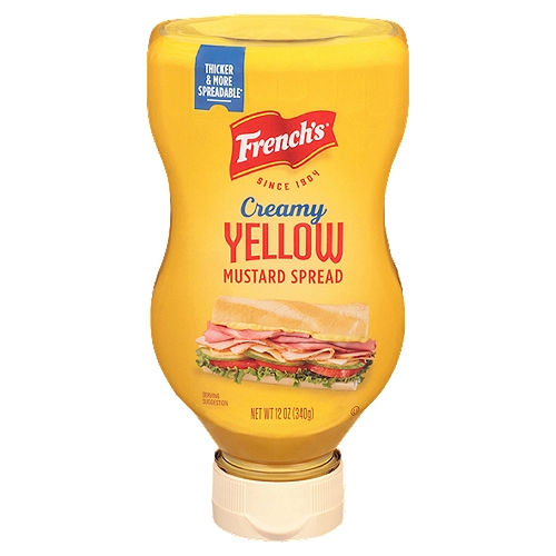 It's true - the sandwich is America's most consumed food. From the simple cold cut submarine to piled-high beef, chicken or pork sandwiches, enhance your favorite with the great taste and creamy texture of French's Creamy Yellow Mustard Spread. Since 1904, French's has been making Classic Yellow Mustard using stone ground #1 grade mustard seed. Creamy Yellow Mustard Spread has the same tangy mustard flavor with a thick and creamy consistency. And, it's crafted with quality spices, including turmeric, paprika and garlic powder. Our condiment spreads oh-so-smoothly on sandwiches and perfectly complements any filling. Great for backyard barbecues and picnics - squeeze onto burgers, whisk into dressings or marinades, add to deviled eggs, or stir into potato, tuna, shrimp or egg salad.