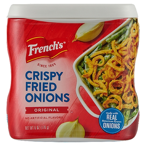 French's® Original Crispy Fried Onions are made with real onions for incredible flavor and that classic crunch. Toss ‘em onto green bean casserole, mashed potatoes, burgers and salads for an exciting pop of crunch and taste the whole family will love.nnThis beloved Thanksgiving staple - hello, Green Bean Casserole - has uses way beyond your holiday meals and holiday sides. Think sprinkled on top of soup or salad, or even as breading for crispy, oven-baked chicken. Feel good about sharing them with everyone - they're crafted without GMOs or artificial flavor.