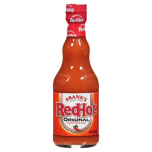 Frank's RedHot Original Cayenne Pepper Sauce, 12 oz
The Perfect Blend of Flavor & Heat®

I put that on everything®

Frank's RedHot Original Cayenne Pepper Sauce is made with a premium blend of aged cayenne peppers to add a kick of heat and whole lot of flavor to your favorite foods. Bring the heat to wings, chicken sandwiches, buffalo chicken dip, eggs -- put that $#!t on everything! Our sauce is essential at tailgates, parties, cookouts, you name it. Frank's Hot Sauce is a recipe that has been tantalizing taste buds since 1964, and it's not stopping anytime soon. Hot sauce is an inherently calorie free, fat free food; see Nutrition Facts for sodium information.