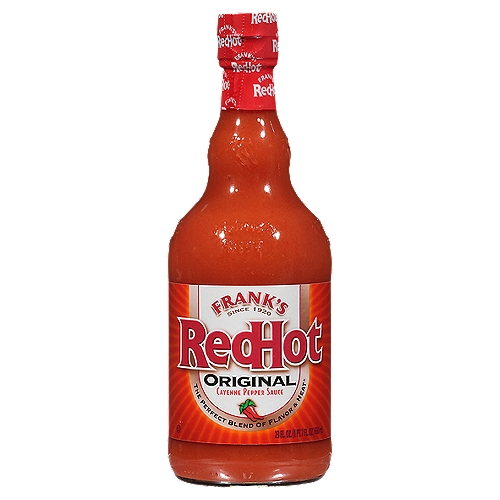 Frank's RedHot Original Cayenne Pepper Hot Sauce, 23 fl oz
The Perfect Blend of Flavor & Heat®

I put that on everything®

Frank's RedHot Original Cayenne Pepper Sauce is made with a premium blend of aged cayenne peppers to add a kick of heat and whole lot of flavor to your favorite foods. Bring the heat to wings, chicken sandwiches, buffalo chicken dip, eggs -- put that $#!t on everything! Our sauce is essential at tailgates, parties, cookouts, you name it. Frank's Hot Sauce is a recipe that has been tantalizing taste buds since 1964, and it's not stopping anytime soon. Hot sauce is an inherently calorie free, fat free food; see Nutrition Facts for sodium information.