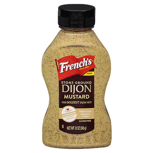 French's Stone Ground Dijon Mustard, 12 oz
Our boldest Dijon yet. This classy — yet sassy — mustard is one powerful condiment. Squeeze French's® Stone Ground Dijon Mustard onto deli sandwiches and burger buns or mix it into deviled eggs to add a spicy, mustardy kick.
Made with #1 grade mustard seeds and real Chardonnay, French's Stone Ground Dijon Mustard brings delicious flavor to roasted salmon, vinaigrettes and even glazed ham. Crafted with quality ingredients, you won't find any artificial flavors, colors, gluten or high-fructose corn syrup here.