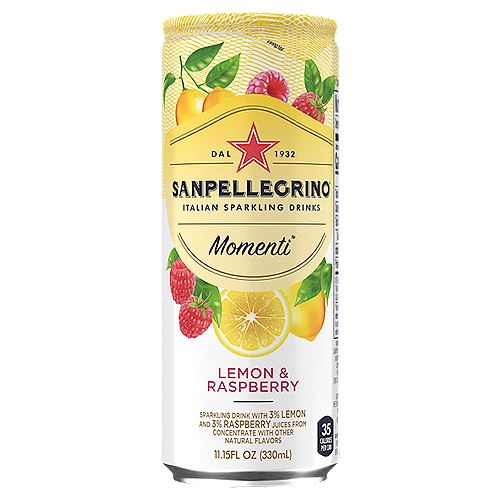 Sanpellegrino Momenti Lemon & Raspberry Italian Sparkling Drinks, 11.15 fl oz
Sparkling Drink with 3% Lemon and 3% Raspberry Juices from Concentrate with Other Natural Flavors