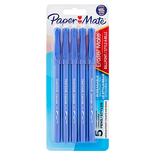 Paper Mate Ball Point Pens - Eraser-Mate Capped Blue Erasable, 5 each