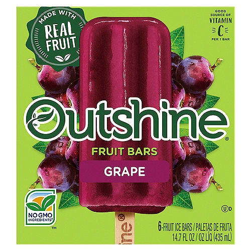 Outshine Grape Fruit Ice Bars, 6 count, 14.7 fl oz
No GMO Ingredients™†
†SGS verified the Nestlé process for manufacturing this product with no GMO ingredients sgs.com/no-gmo

Every bite of an Outsihne® Fruit Bar tastes like biting into a piece of ripe fruit. Made with real fruit and fruit juice, it's the snack that refreshes you from the inside out.

No artificial colors or flavors+
+Added colors from natural sources