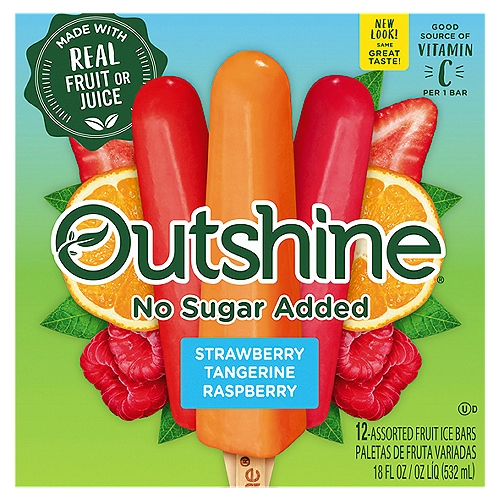 Outshine No Sugar Added Strawberry, Tangerine, Raspberry Fruit Ice Bars, 12 count, 18 fl oz
No artificial colors or flavors+
+Added Colors from Natural Sources

Get Ready to Snack Brighter®

Refreshingly Real
Every bite of an Outshine® No Sugar Added Fruit Bar tastes like biting into a piece of ripe fruit. Made with real fruit and fruit juice, it's the snack bar that refreshes you from the inside out.