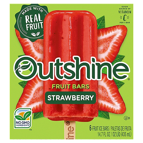 Outshine Strawberry Fruit Bars, 6 count, 14.7 fl oz
No GMO Ingredients™†
†SGS verified the Nestlé process for manufacturing this product with no GMO ingredients
sgs.com/no-gmo

Get ready to Snack Brighter®

Refreshingly Real
Every bite of an Outshine® Fruit Bar tastes like biting into a piece of ripe fruit. Made with real fruit and fruit juice, it's the snack that refreshes you from the inside out.

No artificial colors or flavors+
+Added colors from natural sources