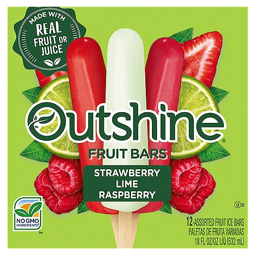 Outshine Strawberry, Lime, Raspberry Fruit Ice Bars, 12 count, 18 fl oz
No GMO Ingredients†™
†SGS verified the process for manufacturing this product with No GMO Ingredients

No artificial colors or flavors+
+Added Colors from Natural Resources

Get Ready to Snack Brighter®

Refreshingly Real
Every bite of an Outshine® Fruit Bar tastes like biting into a piece of ripe fruit. Made with real fruit and fruit juice, it's the snack that refreshes you from the inside out.