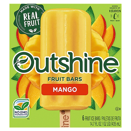 Outshine Mango Fruit Bars, 6 count, 14.7 fl oz
No GMO Ingredients†™
†SGS Verified the Nestlé Process for Manufacturing This Product with No GMO Ingredients sgs.com/no-gmo

Get Ready to Snack Brighter®

Refreshingly Real
Every bite of an Outshine® Fruit Bar tastes like biting into a piece of ripe fruit. Made with real fruit and fruit juice, it's the snack that refreshes you from the inside out.