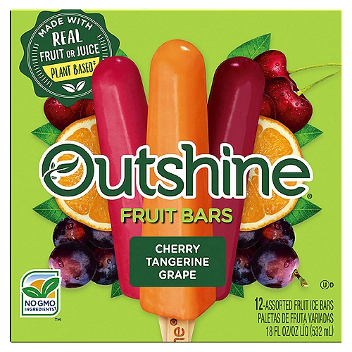 No GMO Ingredients†
†SGS verified the process for manufacturing this product with No GMO Ingredients sgs.com/no-gmo

No artificial colors or flavors†
†Added Colors from Natural Resources

Get Ready to Snack Brighter®

Refreshingly Real
Every bite of an Outshine® Fruit Bar tastes like biting into a piece of ripe fruit. Made with real fruit and fruit juice, it's the snack that refreshes you from the inside out.