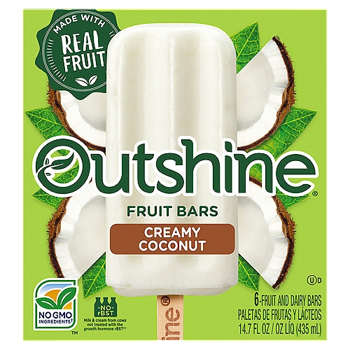 Outshine Creamy Coconut Fruit Bars, 6 count, 14.7 fl oz
No rBST
Milk & cream from cows not treated with the growth hormone rBST**
**No significant difference has been shown between milk from rBST treated and non-rBST treated cows.

Get Ready to Snack Brighter®
Every bite of an Outshine® Fruit Bar tastes like biting into a piece of ripe fruit. Made with real fruit and fruit juice, it's the snack that refreshes you from the inside out.