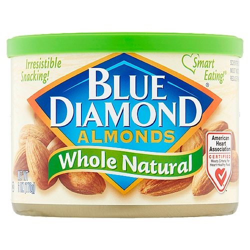 Blue Diamond Whole Natural Almonds, 6 oz
Scientific evidence suggests, but does not prove, that eating 1.5 ounces per day of most nuts, such as almonds, as part of a diet low in saturated fat and cholesterol may reduce the risk of heart disease.

Does not meet FDA standard of ''good source of protein.''