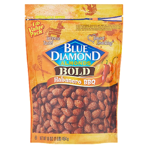 Blue Diamond Almonds Bold Habanero BBQ Almonds Value Pack, 16 oz
Smart Snacking!™

Consistent Quality, Bold Flavors and Great Value!
Blue Diamond Growers' Habanero BBQ almonds are roasted and seasoned with spicy Bold flavors, so satisfying that you just can't put them down. Combining the spicy taste of habanero chile pepper with the smoky flavor of barbeque, these almonds provide a mouthwatering twist for your snacking enjoyment. And our convenient, resealable bag gives you the option to save some for later - if you can!